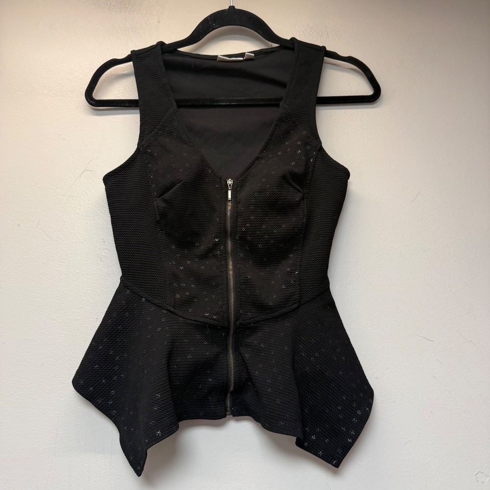 Marilyn Monroe Peplum Top Womens XS Black Excellent Zip Front Handkerchief Hem